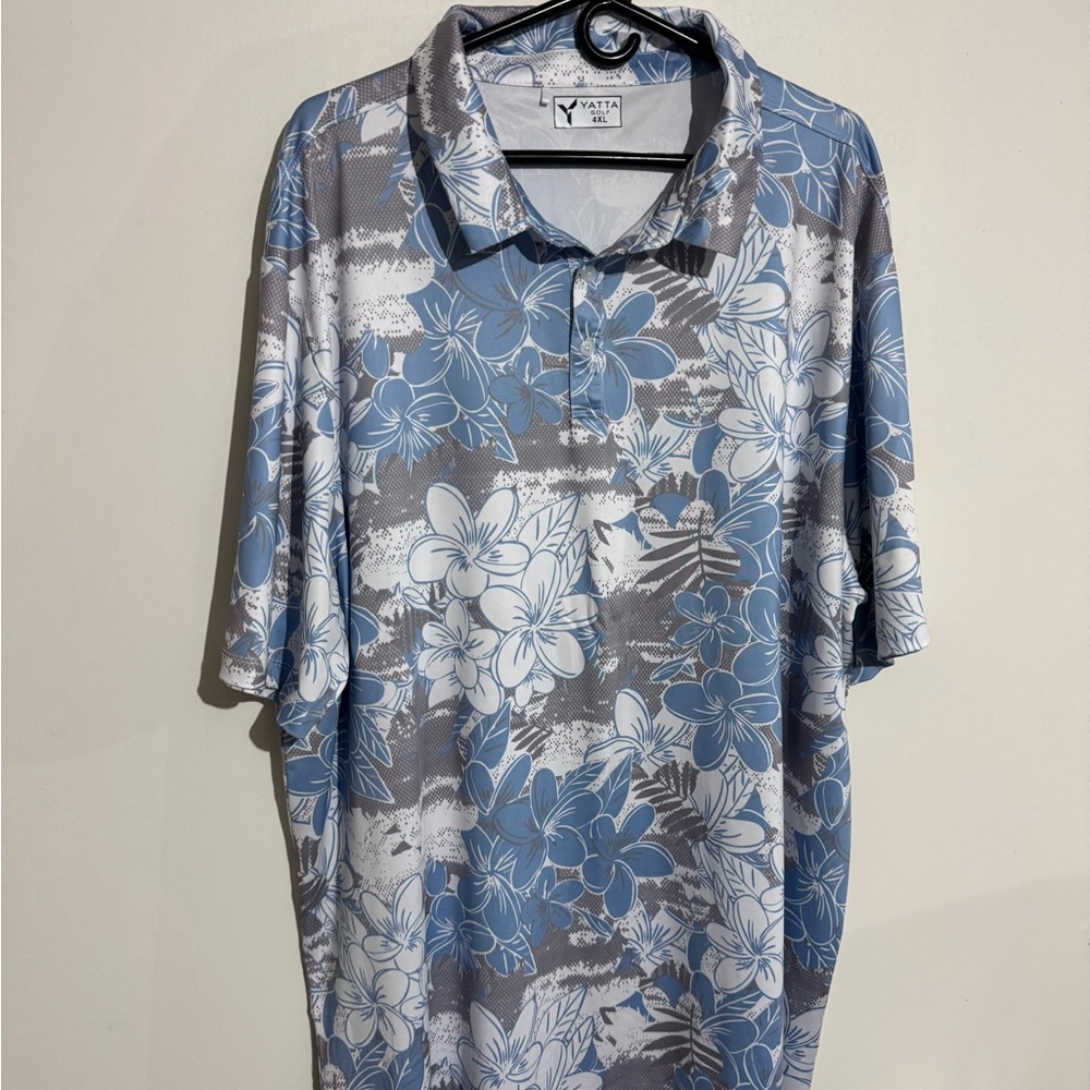Yatta Men's Gray and Blue Floral Polo Shirt